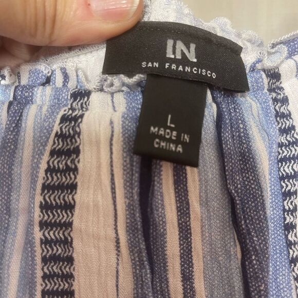 I. N. San Francisco blue and white striped shorts romper, ruffle, size large - Picture 12 of 16